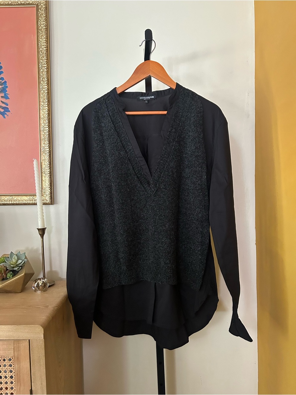 European Culture Knitwear Wool Layered Top Quiet Luxury Made Italy Black Large